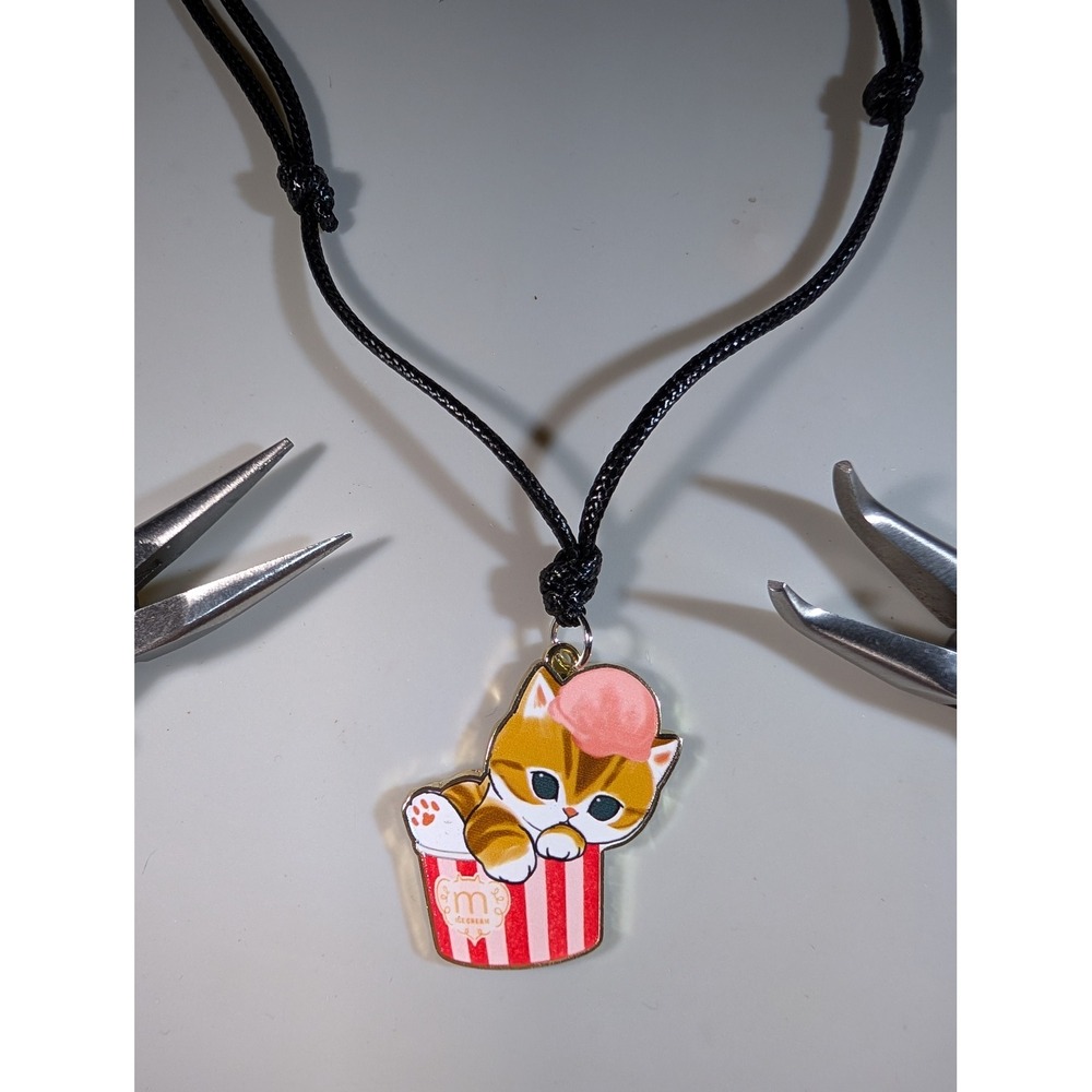 Kawaii‎ Ginger Cat in Ice Cream Cup Adjustable Black Cord Necklace Pendant